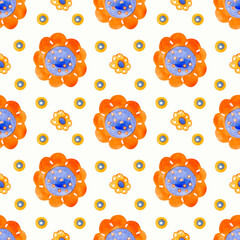 Seamless pattern of decorative flowers with a blue center and orange petals. Abstract watercolor pattern.