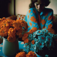 Flores con jarrón vintage sobre mesa con mantel de flores, mujer con vestido de flores vintage, sofá vintage. Generado con IA.