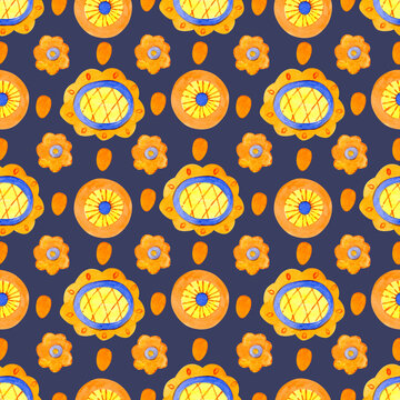 Seamless pattern of stylized sunflowers. Abstract watercolor pattern. Flowers with a yellow-blue center and orange petals on a dark background. Watercolor illustration.
