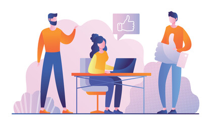 Good team concept. Men and woman at laptop. Teamwork, colleagues and partners working on common project. Cooperation and collaboration. Effective workflow metaphor. Cartoon flat vector illustration