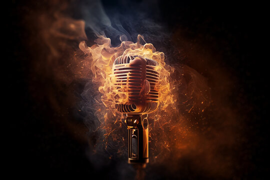 Burning vintage microphone made of fire, smoke and sparks on black background.
Digitally generated AI image