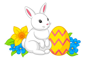 Happy Easter illustration. Cute bunny, egg and flowers for traditional celebration.