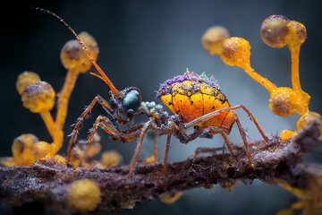 Illustration of insect infected with cordyceps fungi, realistic detail photo, illustration, like the movie the last of us