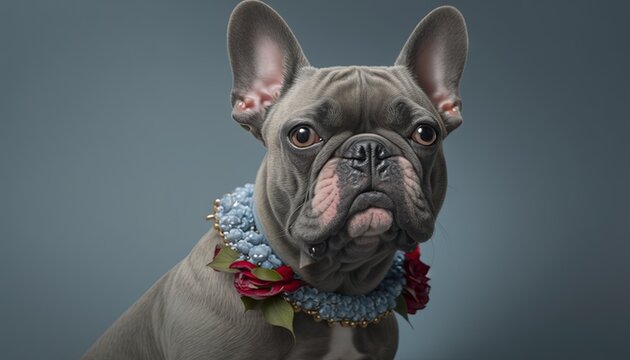  a dog with a collar and a flower collar is looking at the camera with a sad look on its face, while wearing a flower collar.  generative ai