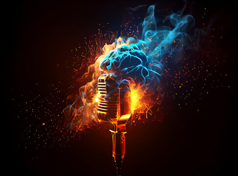 Burning vintage microphone made of fire, smoke and sparks on black background.
Digitally generated AI image