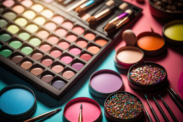 Abstract background with professional make-up products. Beauty industry accessories. AI generative image.