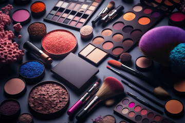 Abstract flat lay background with professional make-up products. Beauty industry accessories. Top view. AI generative image.