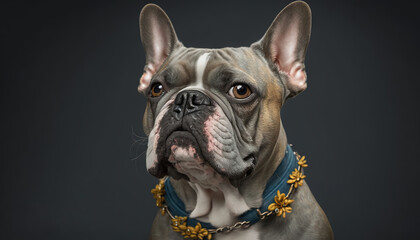  a dog with a collar and a flower in front of a black background with a blue flower in the middle of the collar and a blue flower in the middle of the collar.  generative ai