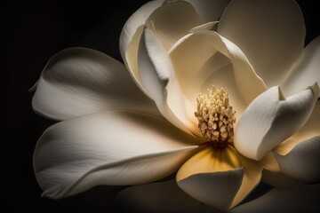  a large white flower with yellow stamens on a black background, with a dark background, with a soft focus on the center of the flower.  generative ai