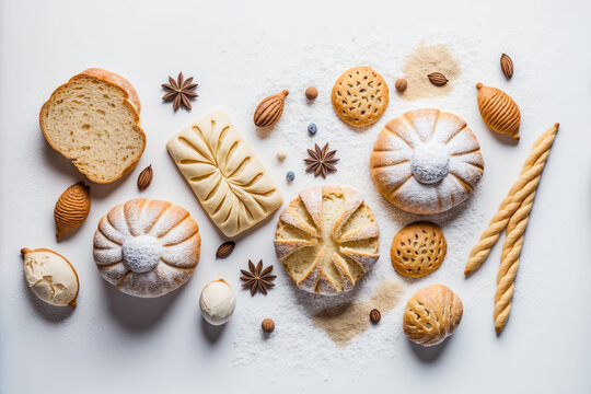Different fresh and tasty bakery products. Top view home made buns and cookies. Pastry food collection. Flat lay composition. AI generative image.