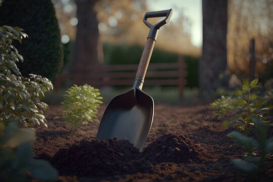  a shovel is sitting in the dirt near some bushes and trees in a park area with a bench in the background and a bench in the background.  generative ai