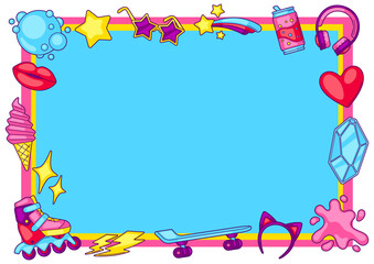 Frame with fashion girlish items. Colorful teenage illustration. Creative girls symbols in cartoon style.