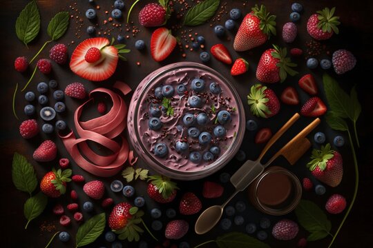  a bowl of yogurt surrounded by berries, strawberries, and other fruit on a dark surface with spoons and spoons.  generative ai