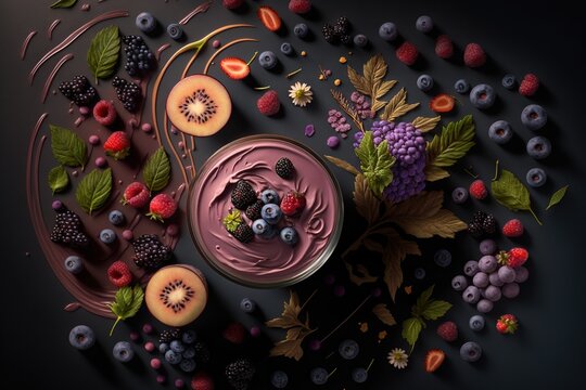  a bowl of fruit and berries on a black surface with leaves and berries on the side of the bowl and on the side of the bowl.  generative ai