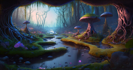 Fototapeta na wymiar Fairytale forest with mushrooms and mushroom houses, the home of the little forest manok in a mystical forest, digital illustration.generative ai illustration.