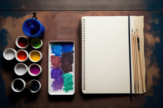 Blank sketchbook mockup with gouache paint, pencils and watercolor palette. Creative hobby concept. AI generative image.