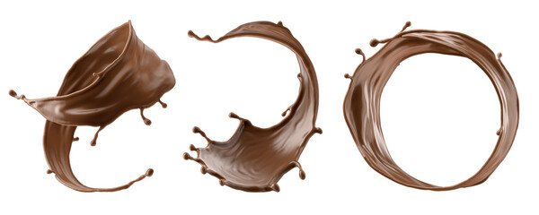 3d render, chocolate splash assorted shape collection, cacao drink or coffee, splashing cooking ingredient. Abstract brown liquid wave clip art set isolated on white background