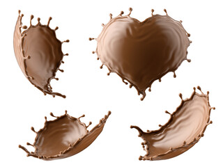3d render, chocolate splash heart shape collection, cacao drink or coffee, splashing cooking ingredient. Abstract brown liquid clip art set isolated on white background