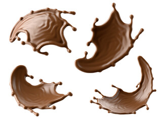 3d render, chocolate splash assorted shape collection, cacao drink or coffee, splashing cooking ingredient. Abstract brown liquid clip art set isolated on white background