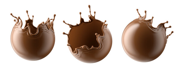 3d render, spherical shape chocolate splash collection, cacao drink or coffee, splashing cooking ingredient. Abstract brown liquid clip art set isolated on white background