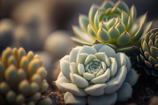 Beautiful botany background with different close up succulent plants. Selective focus on leaves. Soft sun light. Floral backdrop. AI generative.