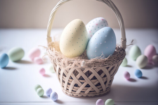 Beautiful close up small decorative Easter basket full of multicolored dyed eggs. Horizontal holiday banner. Bright morning indoor background. AI generative image.