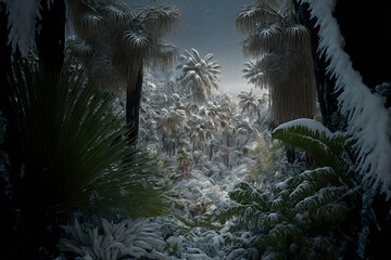 Illustration of frozen jungle or rainforest. Snow on tropical trees and plants. Climate change concept. AI generated image.