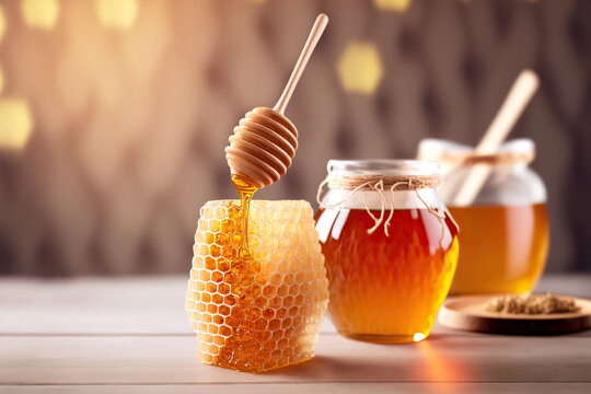Bottles of fresh delicious liquid honey with wooden dipper. Indoor background with copy space. AI generated picture.