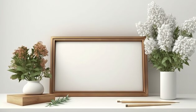  a picture frame, vases with flowers and a pencil on a table with a white wall background and a wooden box with a pencil.  generative ai