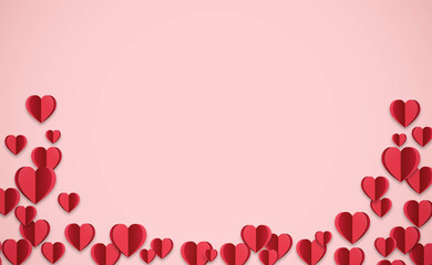 paper hearts on pink background. valentine's day, love, luxury background, birthday greeting card design. Paper elements in shape of heart flying on pink background.