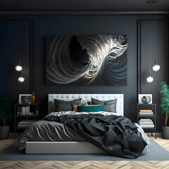 Cozy modern bedroom interior with black bed and decoration room on a black or white wall background, Generative AI
