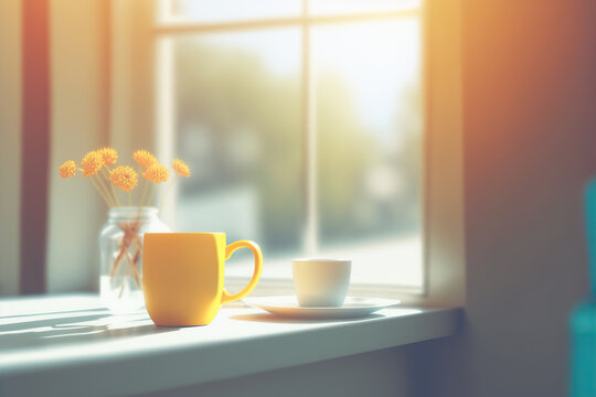 Cozy morning illustration with cup of hot drink and bright sun light. Indoor background with copy space. AI generative image.