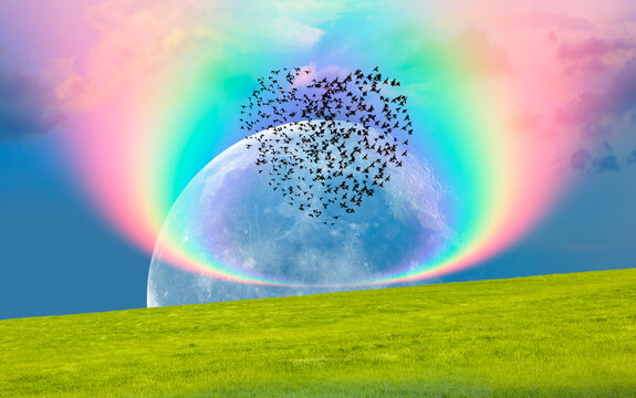 Silhouette of birds (Heart of shape) flying above the green grass field with rainbow full moon in the background "Elements of this Image Furnished by NASA"