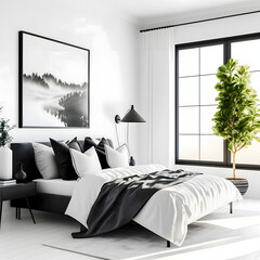 Cozy modern bedroom interior with black bed and decoration room on a black or white wall background, Generative AI
