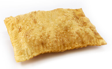 Brazilian pastry, fried dough and stuffed with meat, cheese or shredded chicken. typical brazilian salt, served in bakeries, bars and restaurants, isolated white background, copy space