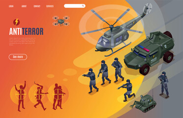AntiTerror Special Police Forces Landing Page, modern concept poster, isometric icons on isolated background