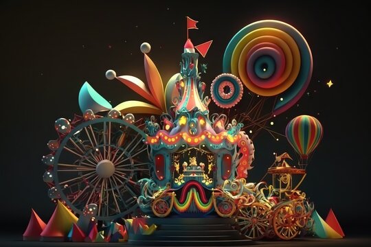  a colorful carnival with a ferris wheel and a ferris wheel in the middle of the image, with a dark background and a black backdrop.  generative ai