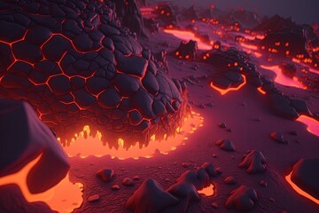  a computer generated image of a lava like structure surrounded by lava rocks and lava.  generative ai