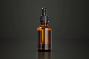  a brown glass bottle with a dropper on a black background with a reflection of the dropper on the top of the dropper.  generative ai