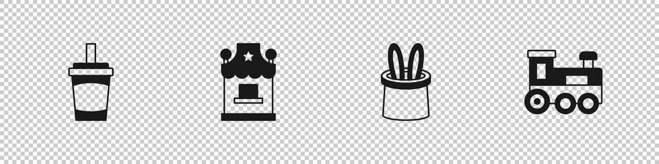 Set Paper glass with water, Ticket box office, Magician hat and rabbit ears and Toy train icon. Vector