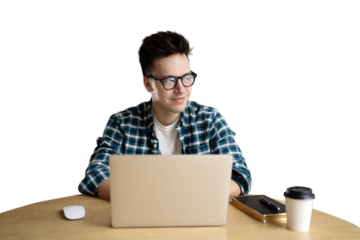 Young man glasses workplace programmer using laptop computer, isolated transparent, PNG background.	
