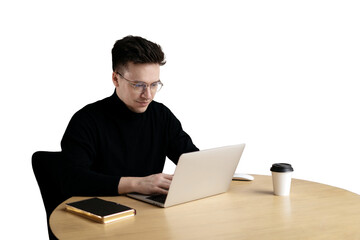 Guy glasses workplace programmer using laptop computer, isolated transparent, PNG background.	
