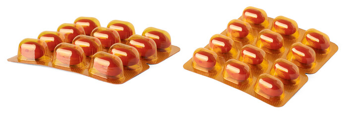 soft red gelatin capsules in blister packs, vitamin pills for improve iron level in blood, medical...