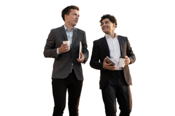 Two businessmen talking about the company's strategy, isolated transparent, PNG background.