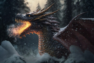 Fototapeta na wymiar Ice Dragon - Mythology creature - fantasy illustration - wyvern - Generative AI