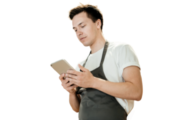 The guy is an employee in uniform using a tablet online plan, isolated transparent, PNG background.	
