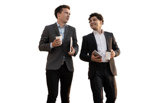 Two businessmen talking about the company's strategy, isolated transparent, PNG background.	
