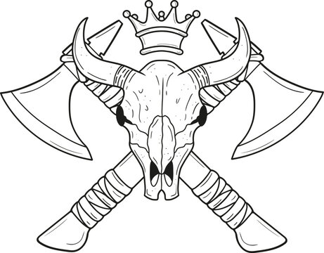 Vector illustration of a bull skull and crossed axes. Emblem, sticker.
