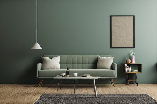 Luxury Sage Green Statement wall Mid century Modern Living room interior Mockup with minimal staged furniture Made with Generative Ai