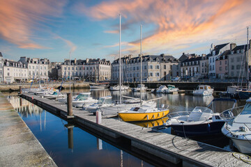 Vannes, boats in the harbor, with typical houses .